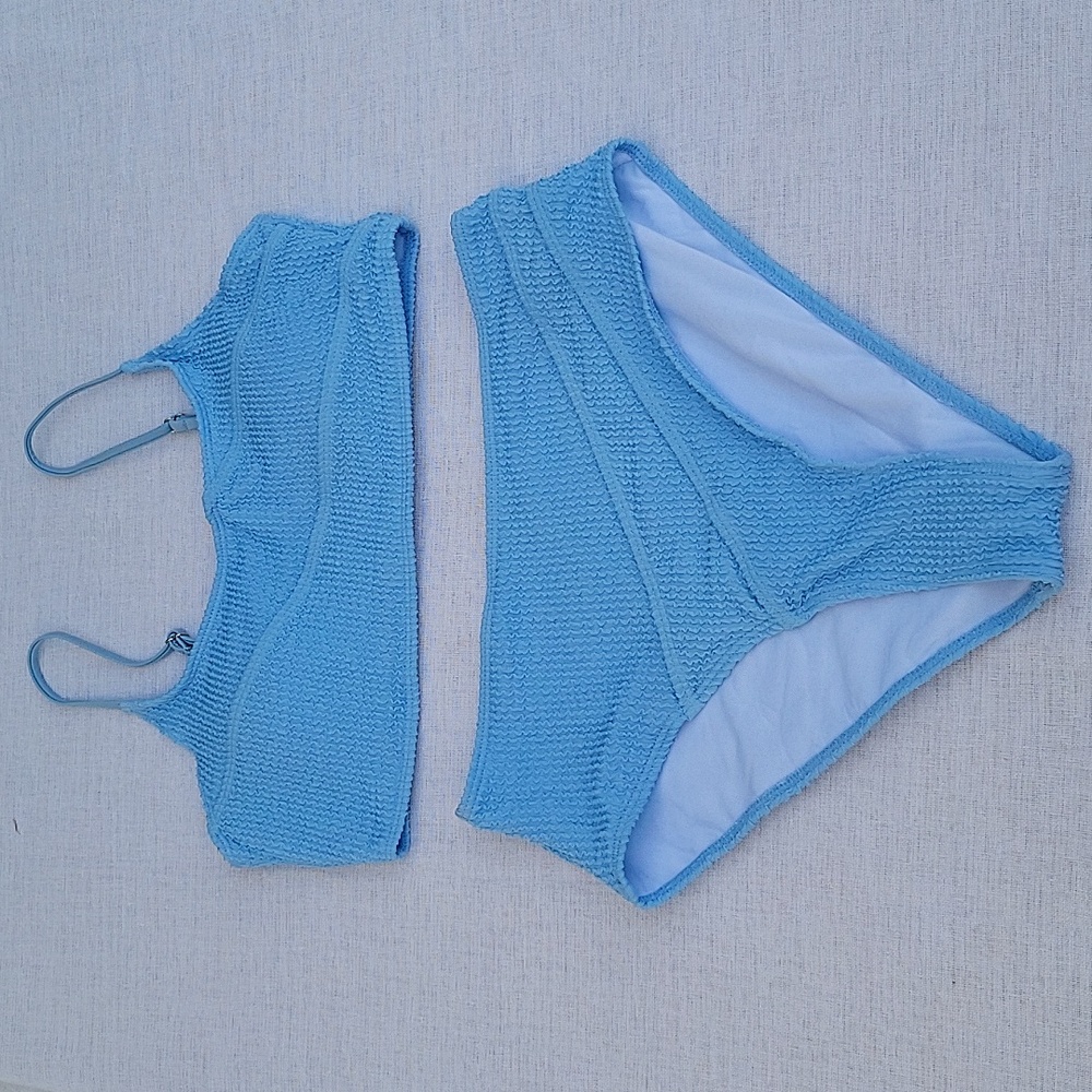 Women's High Cut 2 Piece Textured Knit Swimsuit Light Blue Size Large